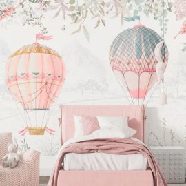 Mural Infantil Voando de Balão Rosa