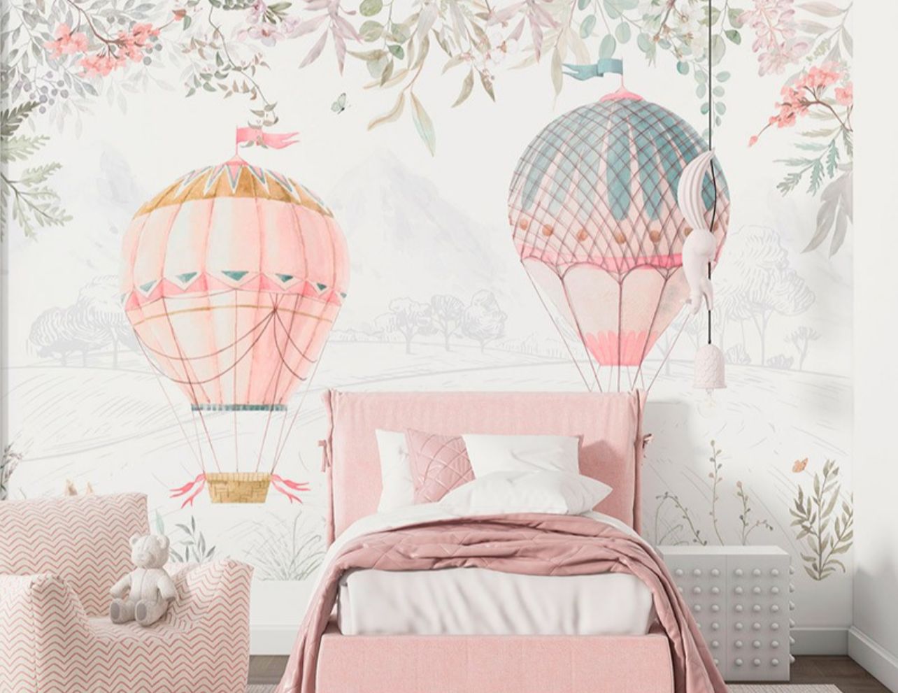 Mural Infantil Voando de Balão Rosa