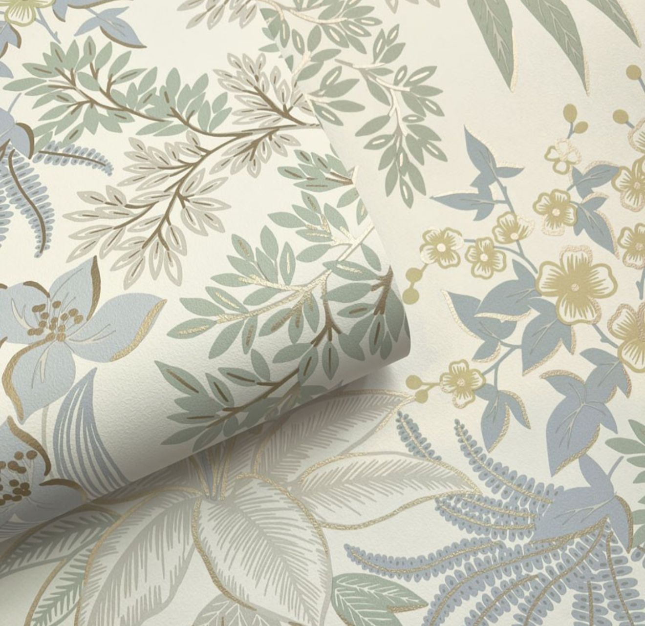 BOTÂNICO FLORAL AZUL E VERDE PASTEL