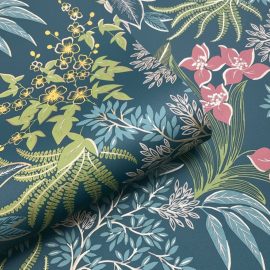 BOTÂNICO FLORAL AZUL MARINHO, VERDE E VERMELHO