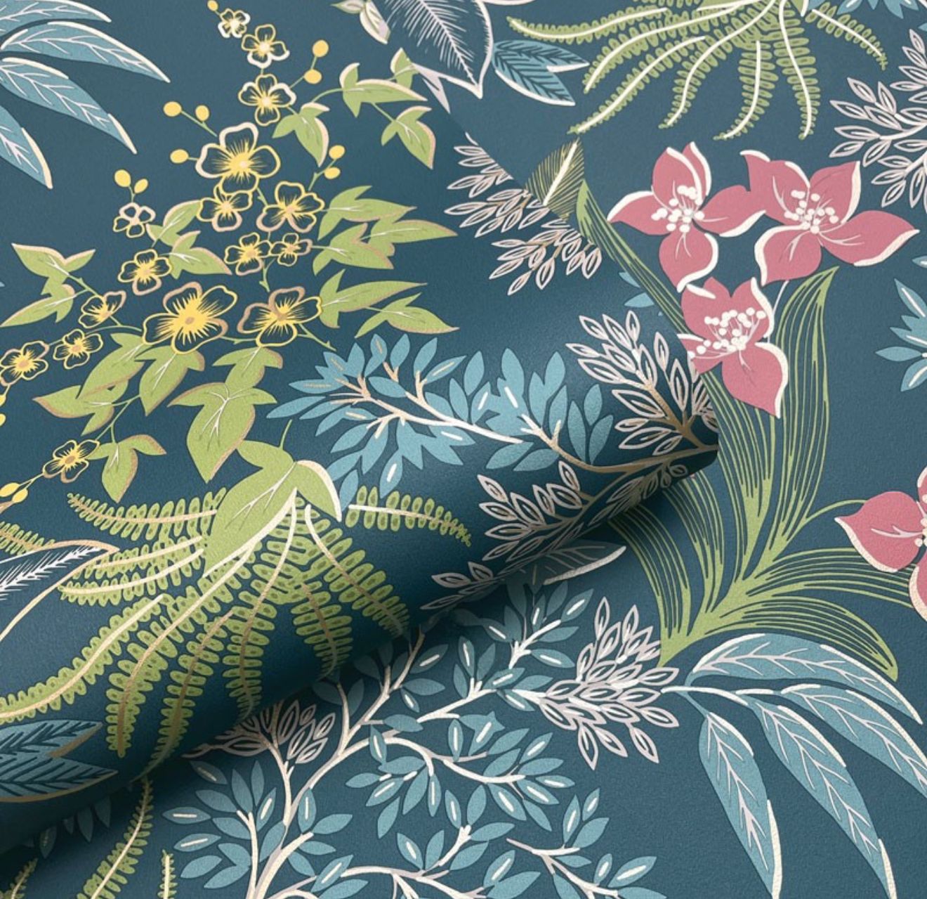 BOTÂNICO FLORAL AZUL MARINHO, VERDE E VERMELHO